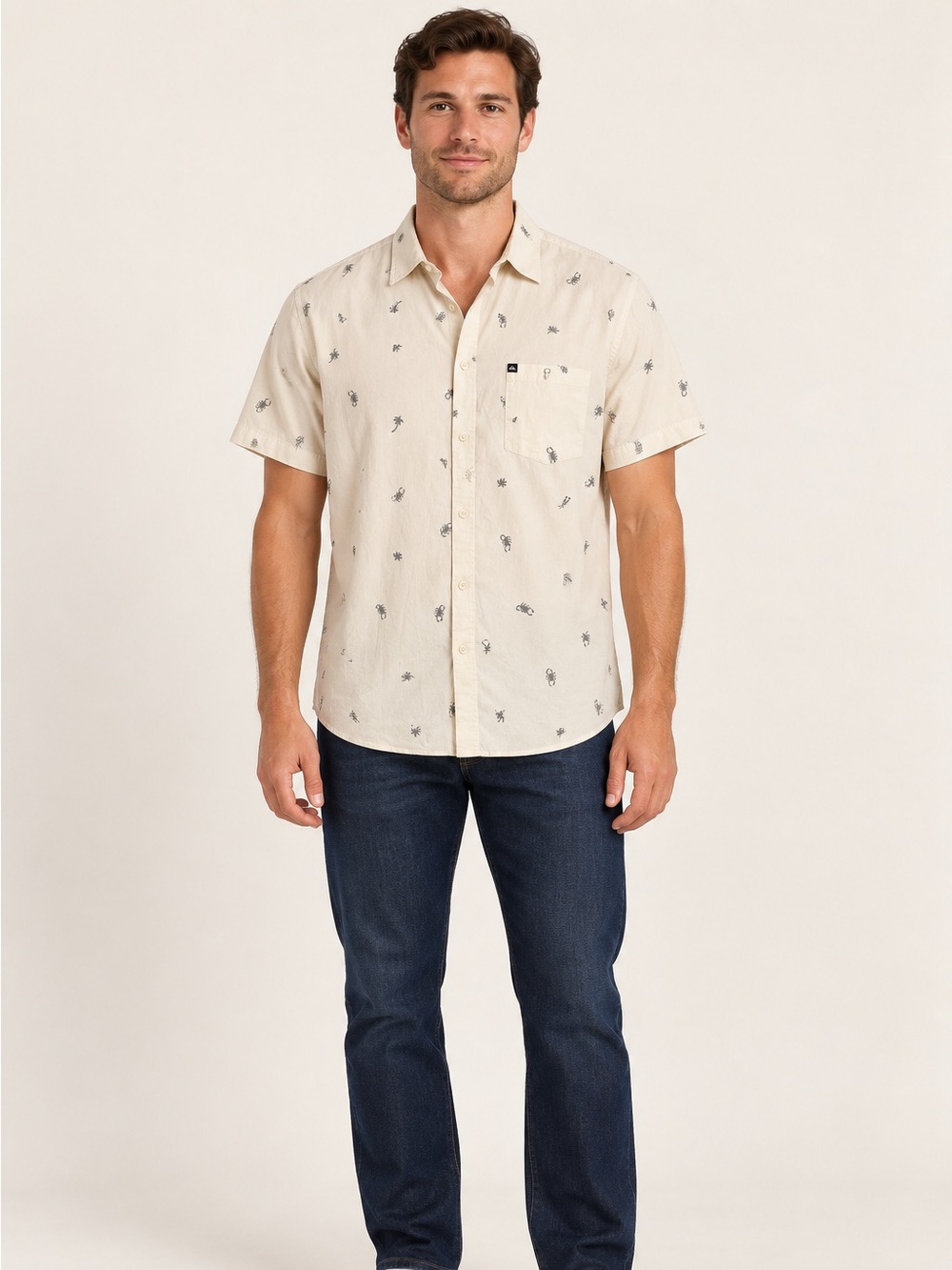 Men's Short-Sleeve Button-Up Shirt in Cream with Micro Print